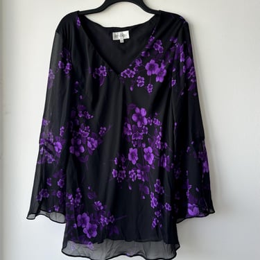 Vintage Studio I Blouse Black Purple Floral V Neck Bell Sleeve 16 Whimsigoth 