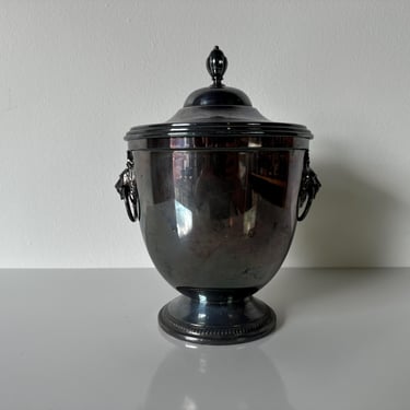 Vintage Reed & Barton Silverplate Ice Bucket with Lion Head Handles and Glass Insert 