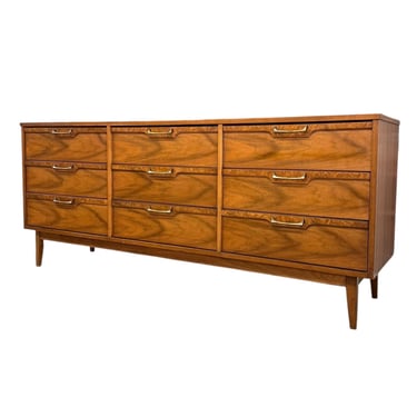 Free shipping within continental US -  Vintage Mid Century Modern 9-Drawer Dresser with Walnut Burl Accents and Brass Finished Handles 