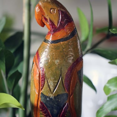 Large Vintage Wooden Parrot on Perch Hand Carved Painted Tropical Sculpture 