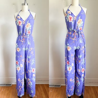 Vintage 1980s Purple Tropical Floral Wrap Around Jumpsuit / S 