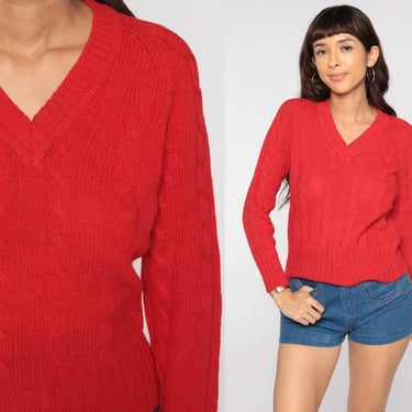 Cable Knit Sweater Red WOOL Sweater 70s Sweater Knit Hipster Boho Pullover Cableknit 1970s Jumper Vintage Small Medium 