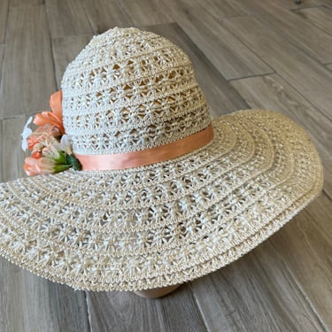 vintage sun hat 1970s off-white huge brim boho straw sunhat 