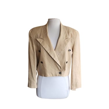Vintage 80s Beige Linen Blazer Cropped Jacket Marshall Fields 