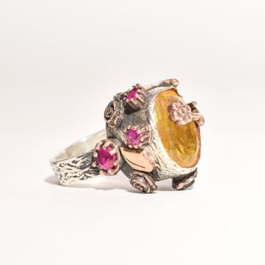 Brutalist Sterling Silver Citrine Ruby Flower Ring, Two-Tone Statement Ring, Size 6 1/4 US 