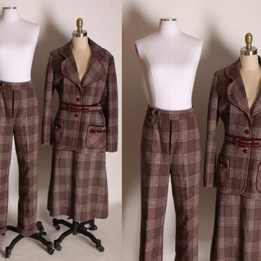 1970s Burgundy and Brown Plaid Equestrian Style Blazer Jacket, Skirt and Matching Flared Pants Three Piece Suit by Lilli Ann -L 
