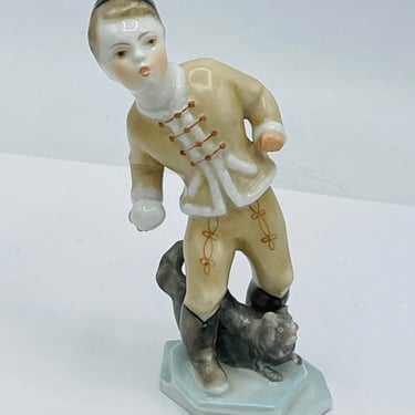 Vintage Herend Figurine Boy with snowball and dog- Hungary- Hand Painted Rare Find 