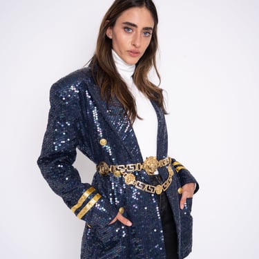 Vintage Sequin blazer, sequin nautical blazer beaded sequin band jacket navy blue gold beaded women’s dress coat small 