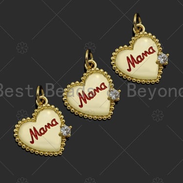 Gold Filled CZ Micro Pave Red Enamel Mama Word On Heart Shape Pendant, 18K Gold Filled Charm, Necklace Bracelet Charm,14x15mm,Sku#LK329