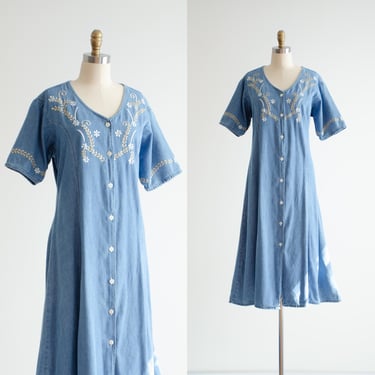 denim midi dress 90s vintage embroidered oversized jean dress 