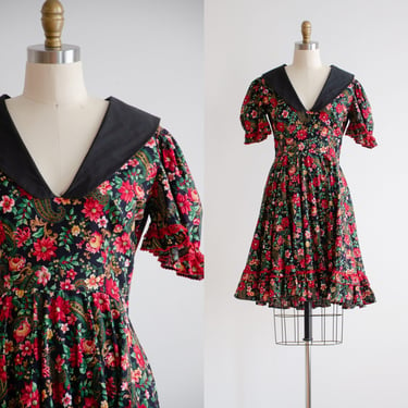 cute cottagecore dress 80s vintage black red floral puff sleeve mini dress 