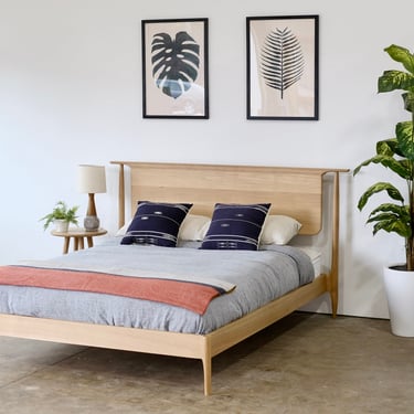 Solid Oak Modern Platform Bed, Handmade Mid Century Wood Storage Bed, Hardwood Bedframe with Headboard 