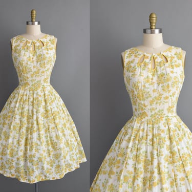 vintage 1950s dress | Yellow Floral Print Cotton Dress | Medium | 