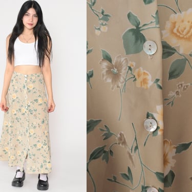 90s Floral Skirt Button Up Maxi Skirt Rose Flower Print Grunge Boho Skirt Long Summer Hippie Festival Tan Bohemian Vintage 1990s Medium M 