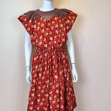 Vtg 1980s Anastasia Paris red cotton floral dress 