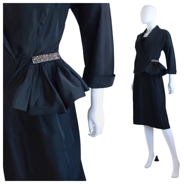 1950s Black Cocktail Dress with Matching Peplum Jacket - 1950s Cocktail Suit - 1950s LBD - Vintage Black Cocktail Dress | Size Medium 