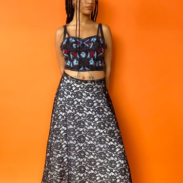 1990s Black & Cream Lace Maxi Skirt, sz. M