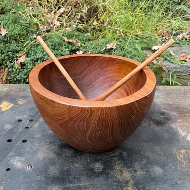 Vintage Teak Salad Bowl + Utensils Very Heavy Mid-Century Solid Centerpiece 1970s Danish Style 