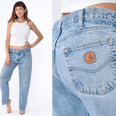 90s Carhartt Jeans -- Distressed Workwear Jeans Mid Rise Tapered Straight Leg Jeans Denim Blue Vintage Work Wear Medium 34 