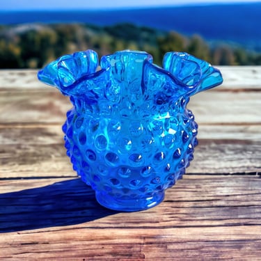 Vintage Fenton Glass Colonial Blue Hobnail Double Crimped Vase 