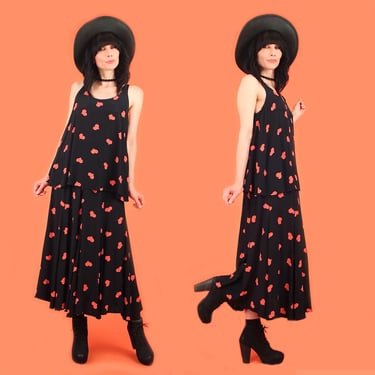 ViNtAgE 80s Hearts Allover Print Skirt + Top Set // Rayon Draped Tunic // Black Red 1980s Dress // Carole Little St Tropez West 