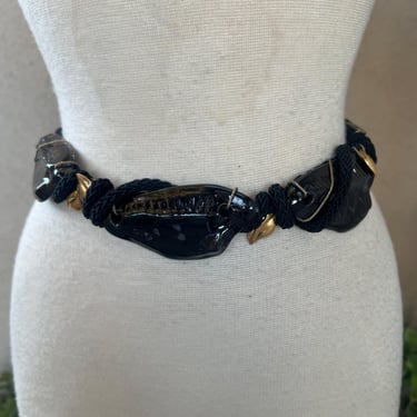 Vintage glam belt black ceramic shells theme with gold trim & metallic bronze leather ties fits 26-38” 