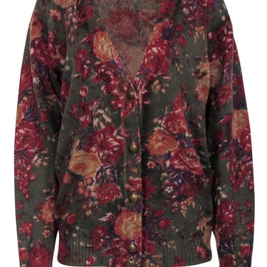 Ralph Lauren - Olive w/ Red Floral Print Wool Cardigan Sz L