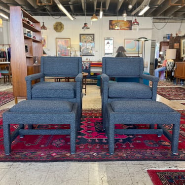 Postmodern Parsons Style Arm Chairs with Ottomans