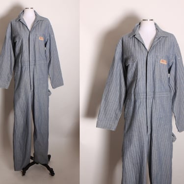 1970s Blue Denim Long Sleeved Subtle Striped Zip Up Front Mechanic Greaser Coveralls by JCPenney’s Big Mac Authentic Workwear -XXL 