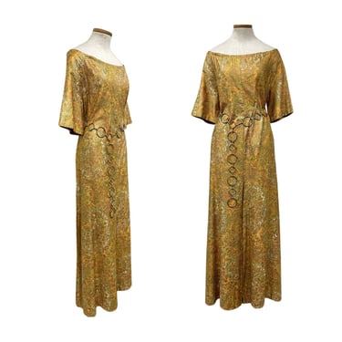 Vtg 70s OOAK Handmade Psychedelic Metallic Gold Screen Print Wide Leg Jumpsuit 