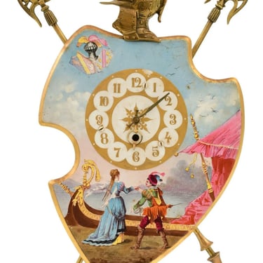Antique Swiss Coat of Arms Desk Clock, Brass Frame, Halberds, Shield, 1900's!!