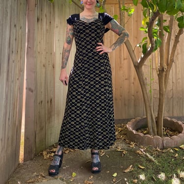 Vintage 1990’s Stretchy Black Maxi Dress with Tan Swirl Diamond Print 