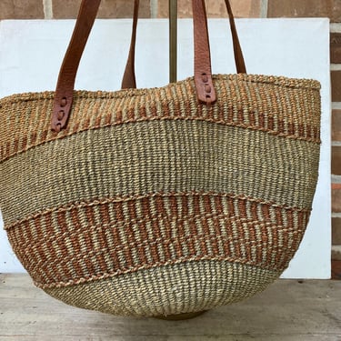 NEW HANDLE NEEDED-Vintage Sisal Bag, Boho Tote, Hippie Purse, African Kionda, Neutral Colors, Leather Handles 
