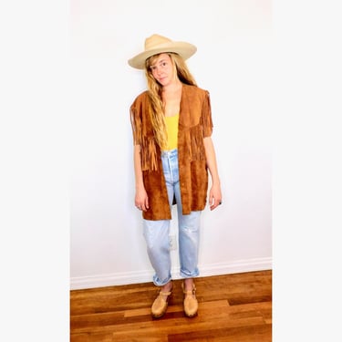 West Texas Vest // vintage 70s brown suede boho country western hippie dress fringe coat brown // O/S 