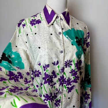 Beautiful 70’s Vera brand floral blouse~ purple & teal blue ~ Spring time bold flower print ~ vintage Vera design/ long sleeves/ size Med 