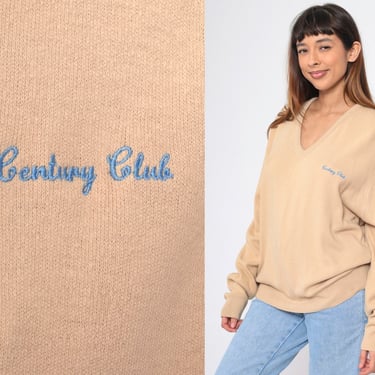 80s Century Club Sweater Soft Tan V Neck Sweater 1980s Pullover Slouchy Plain Acrylic Knit Sweater Vintage 80s Jumper Solid Extra Large xl 