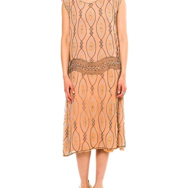 1920S Peach Beaded Silk Chiffon Art Deco Flapper Cocktail Dress 