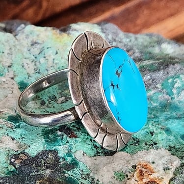 Vintage Blue Turquoise Ring MEXICO~Sterling Silver 925~Statement ring Size 7 1/2 