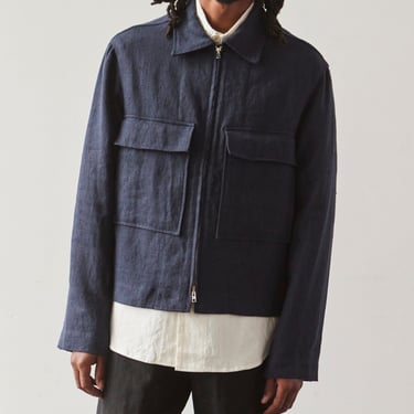 Evan Kinori Butcher Linen Zip Jacket, Navy | Glasswing Shop