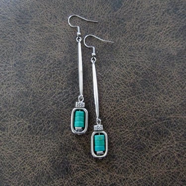 Simple green and silver long silver earrings 