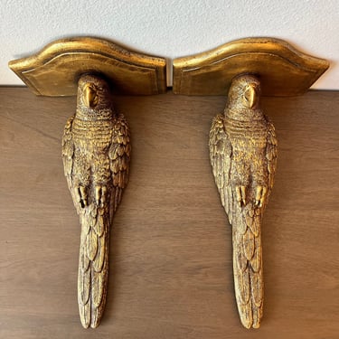 Pair of Mid-Century Gilt Parrot Bird-Form Wall Bracket Shelves 