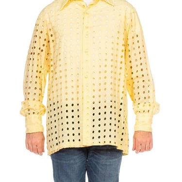 1970S Butter Yellow Cotton Geometric Cut Out Long Sleeve Men's Disco  Shirt 