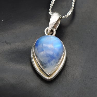 80's blue flash moonstone sterling teardrop pendant, vibrant 925 silver serpentine twist necklace 