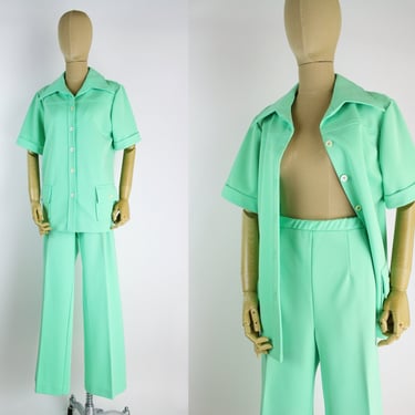 70s Mint Two Piece Set / Pants Suit / 70s Suit / Size M/L 