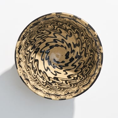Vintage Abstract Studio Pottery Bowl // Cream Toned Glaze with Graphic Black Design // Mid-Century Catchall Dish or Planter // Artist Signed 