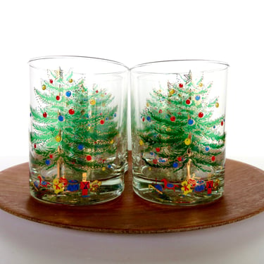 Vintage Culver Christmas Tree Glasses, Set of 4 Holiday Gold Double Old Fashioned Glass Barware 