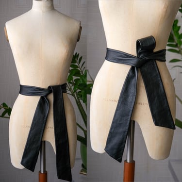Vintage 70s Saks Fifth Avenue Black Leather Wrap Tie Waist Belt | Up to 38