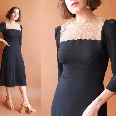 Vintage 40s Crepe Rayon Dress with Lace Yoke/ 1940s Black Dress/ Size XS Small 