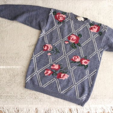ramie botanical sweater - s - vintage womens 90s y2k blue floral cottage cottagecore pullover cute sweater 