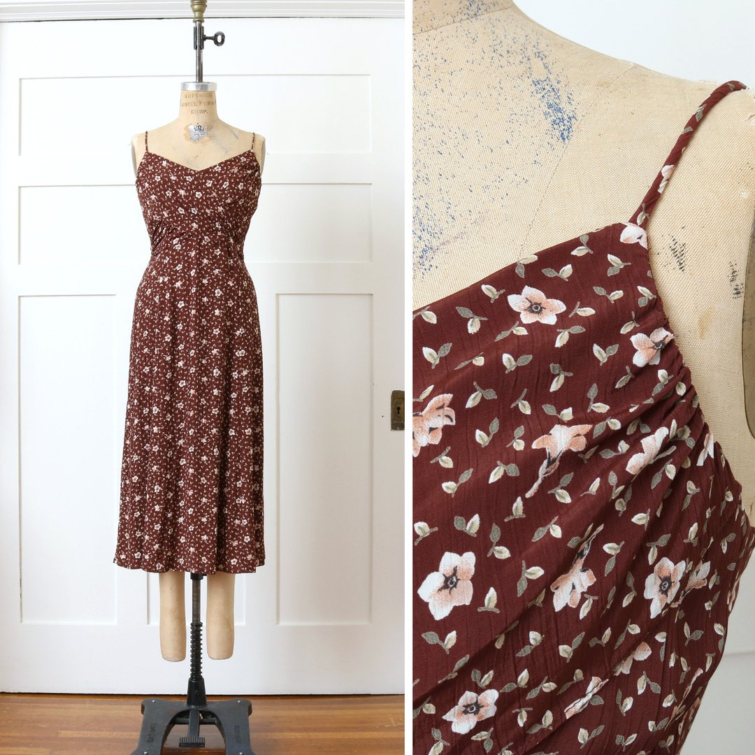 vintage 1990s sundress • Laundry by Shelli Segal • brown floral wrap ...